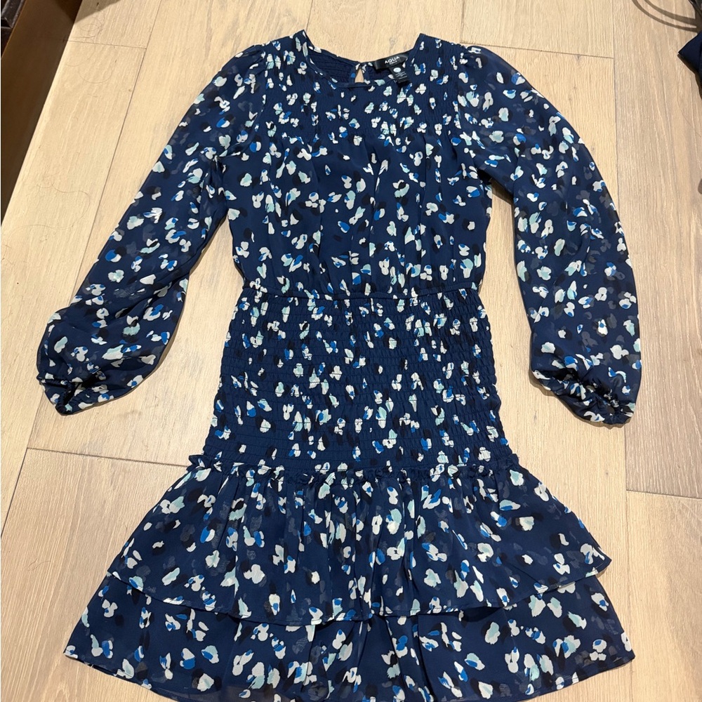 Aqua Navy Blue Floral Smocked Waist Long-Sleeve Dress